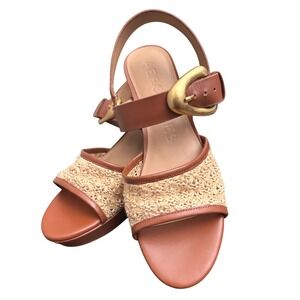 Aerosoles Chamber Raffia Platform Block Heel Sandals Natural Cognac Women's 10.5